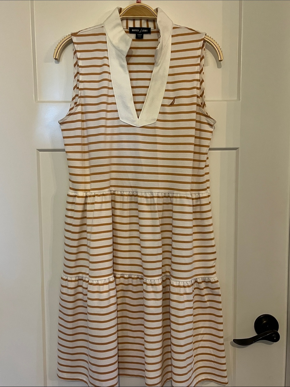 Nautica Women’s White & Tan Striped Sleeveless V-Neck Tiered Dress